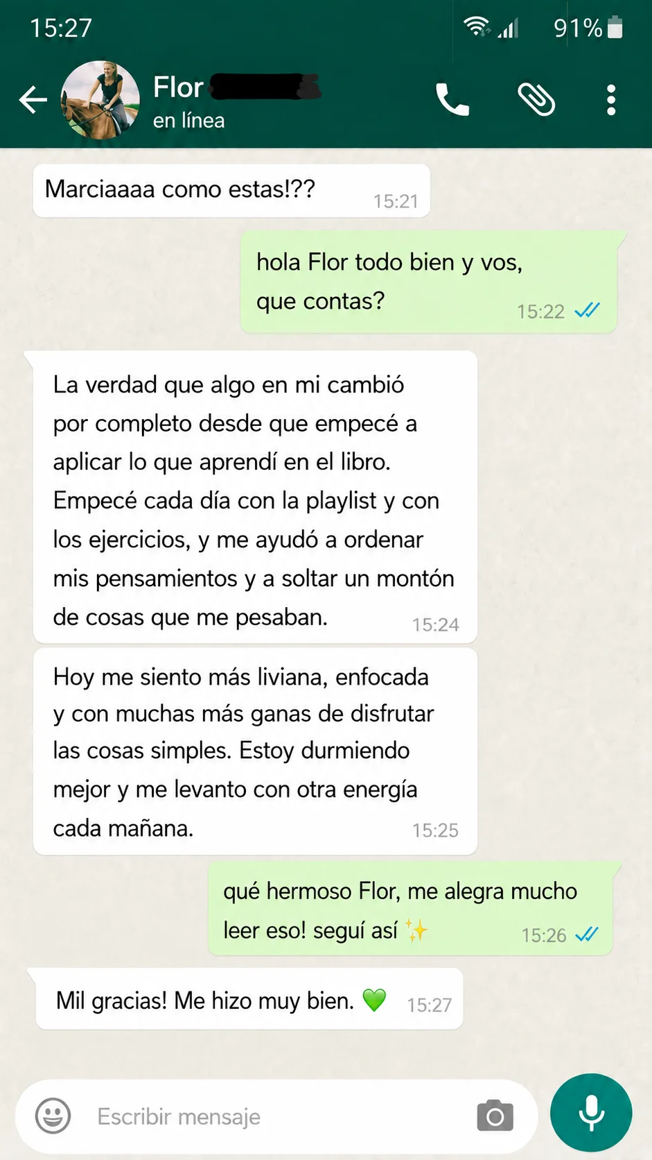 Testimonio de Flor por WhatsApp sobre el libro y la playlist de energía