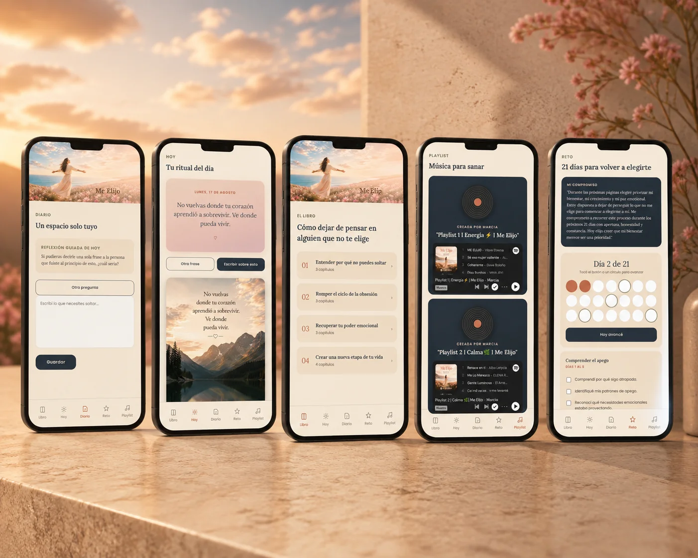 Smartphone mostrando la app Me Elijo con diario, playlists y seguimiento emocional