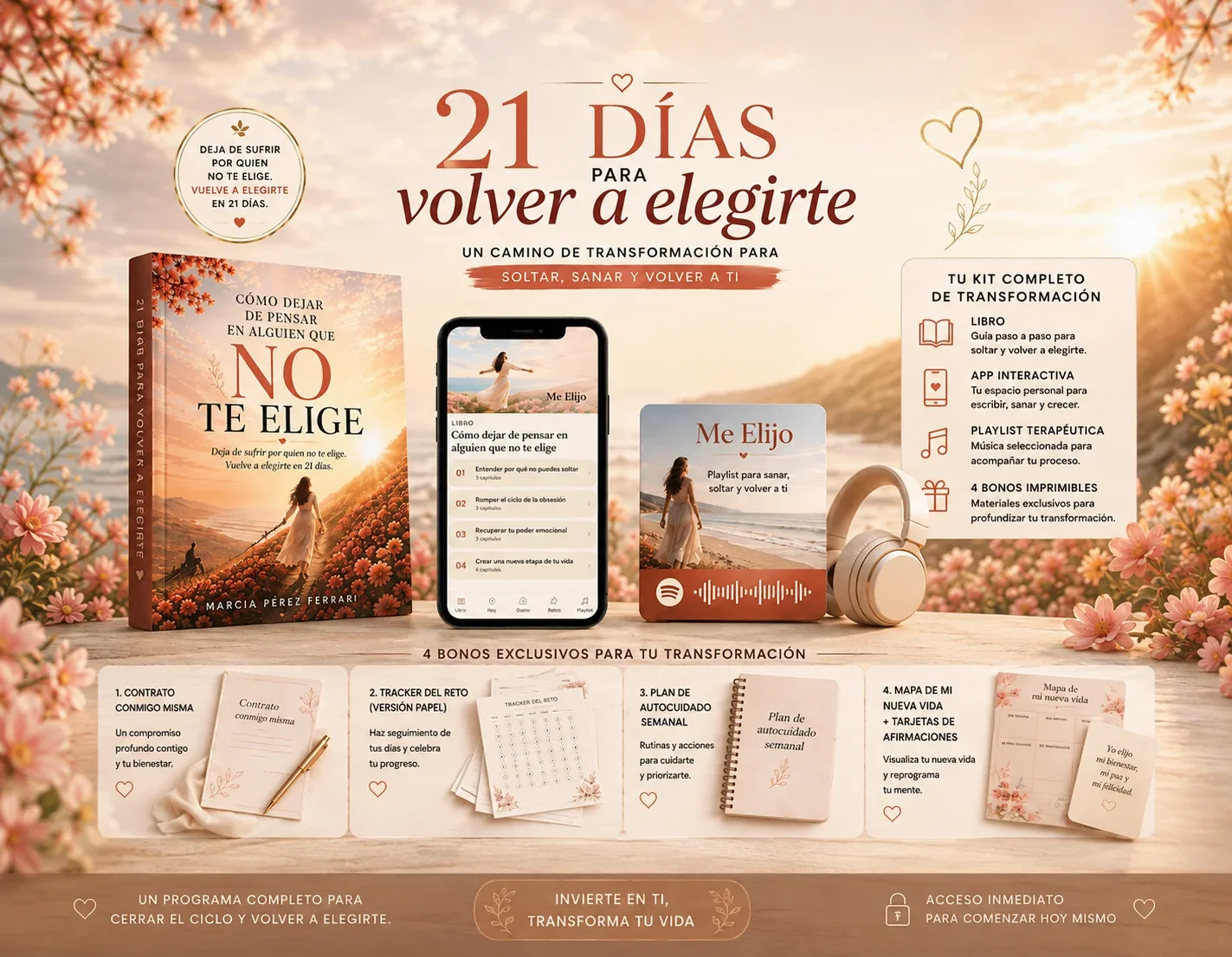 Mockup completo del programa: libro físico, app Me Elijo en smartphone, playlist terapéutica y los 4 bonos exclusivos