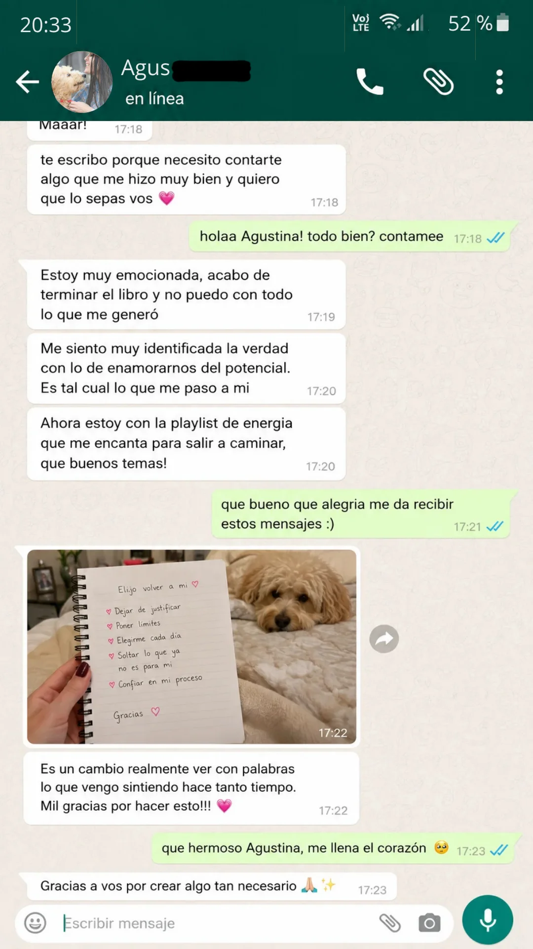 Testimonio de Agustina por WhatsApp sobre el libro y la playlist de energía