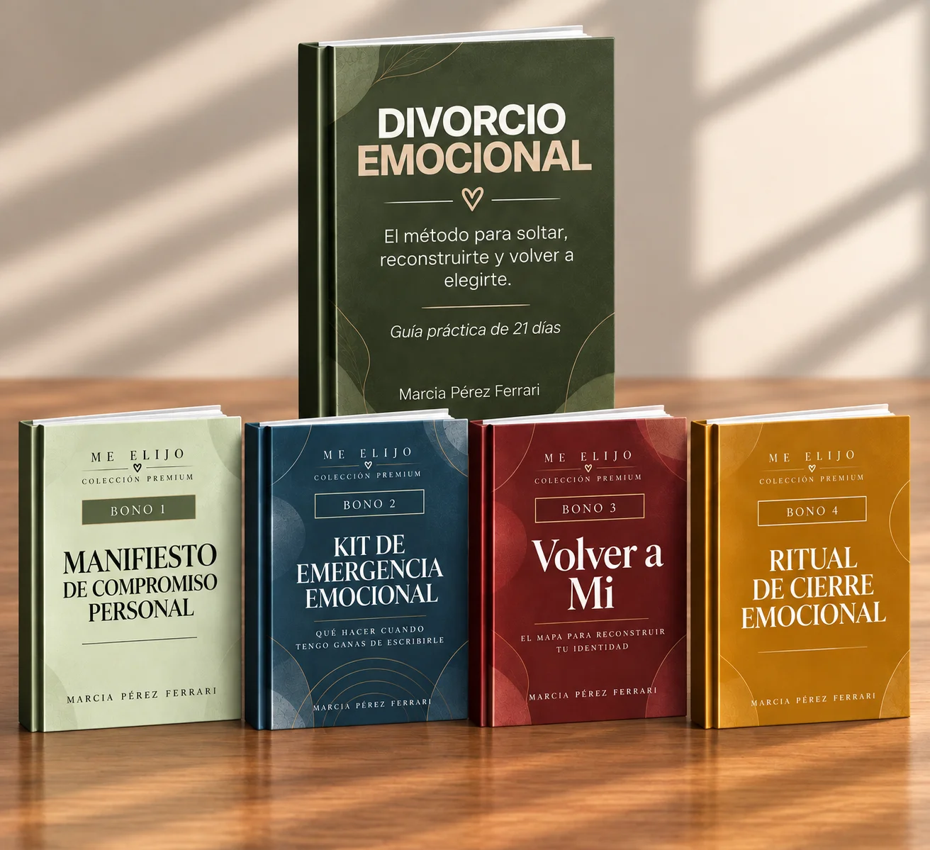 Mockup completo del programa: libro Divorcio Emocional y los 4 bonos de la colección Me Elijo