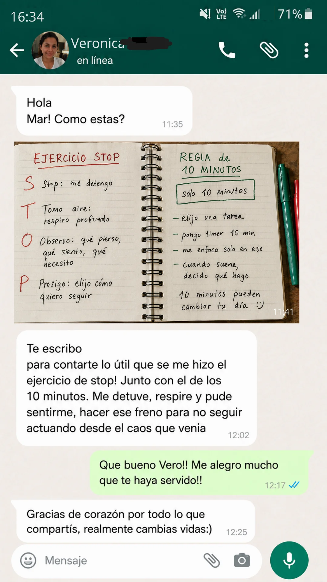 Testimonio de Verónica por WhatsApp sobre el ejercicio STOP y la regla de los 10 minutos